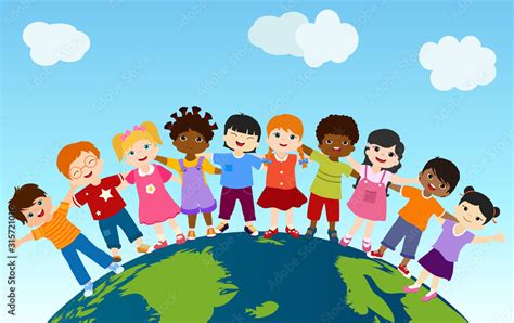 Earth Globe With Group Of Multiethnic And Diverse Children Standing