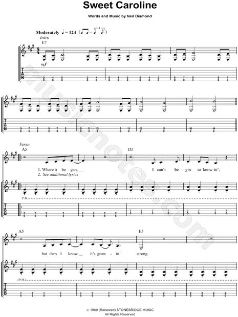Neil Diamond Sweet Caroline Guitar Tab In A Major Download And Print