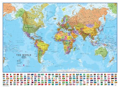 Large World Wall Map Political With Flags Pinboard And Wood Frame White