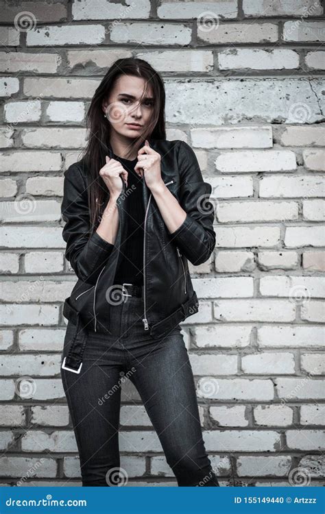 Woman In A Black Leather Jacket Stock Photo Image Of High Caucasian