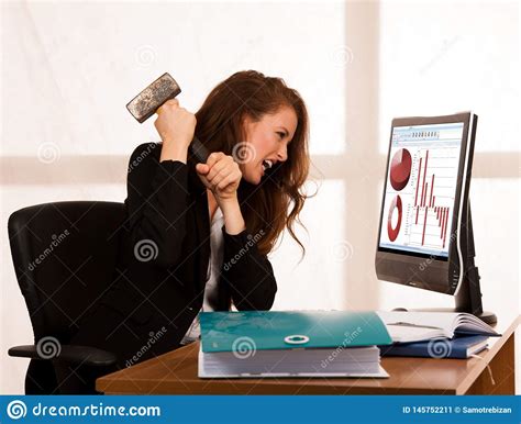 Angry Business Woman Expressing Rage At Her Desk In The Office Stock Image Image Of Computer