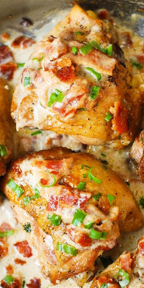 Top 10 chicken burger ideas. Pan-fried chicken thighs in a creamy bacon sauce with a ...
