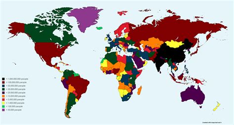 World Map With Colors Showing Countries With A Population