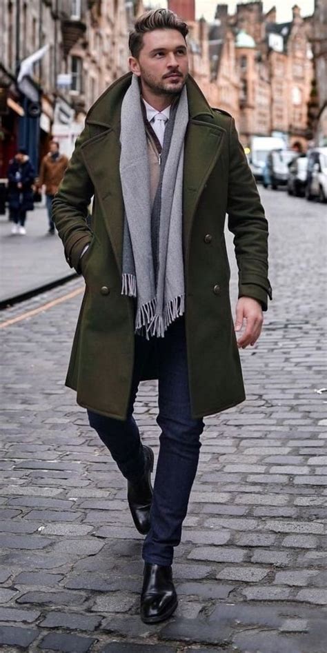 Men Trench Coat Dark Green Double Breasted Style Slim Fit Etsy