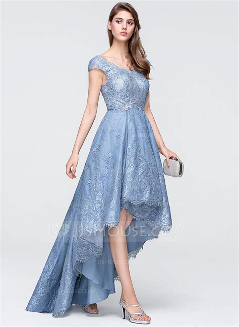 A Line Princess V Neck Asymmetrical Tulle Lace Prom Dress