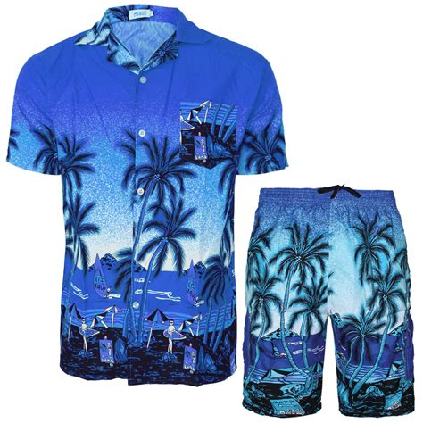 Mens Hawaiian Shirt And Shorts Set Flower Printed Holiday Beach Stag