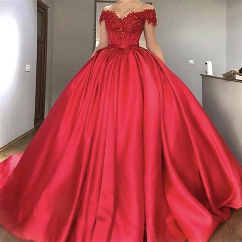 Ball Gown Off The Shoulder Red Beaded Satin Prom Dress With Pleats