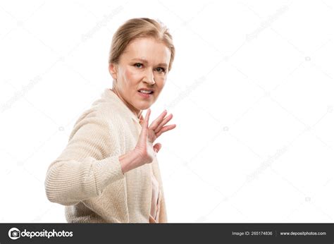 Scared Middle Aged Woman Gesturing Hands Isolated White Copy Space