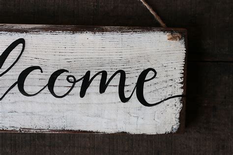 Cream And Black Script Welcome Reclaimed Wood Sign By Our Backyard