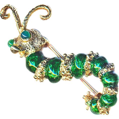 Brooch Vintage Enamel Glow Worm On 14 Karat Gold With Emerald Eyes Vintage Brooches 14 Karat