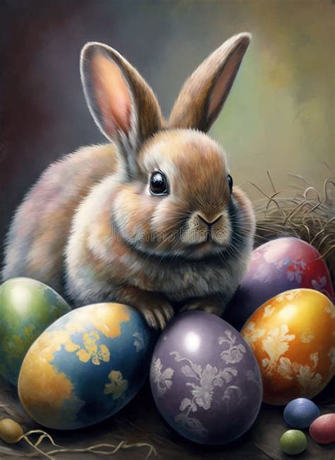 Easter Bunny Sitting With Painted Easter Eggs Stock Illustration