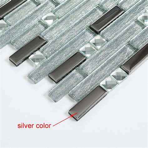 Silver Metallic Glass Backsplash Tile Mixed Rhinestone Mosaic Wall