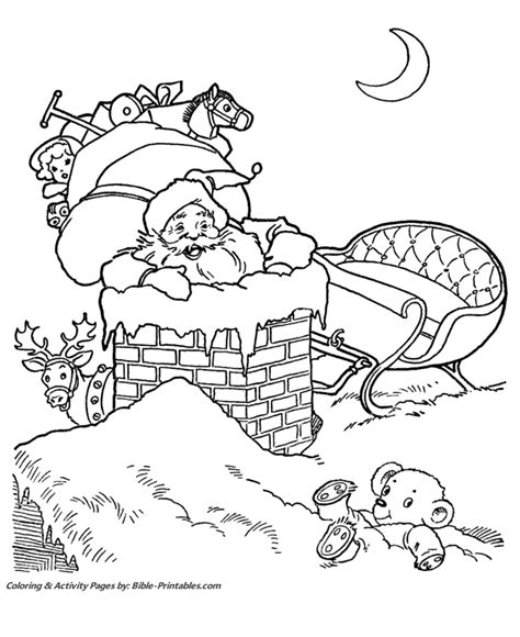 This bible coloring page design belongs to these categories: Santa Christmas Coloring Pages - Santa in the Chimney