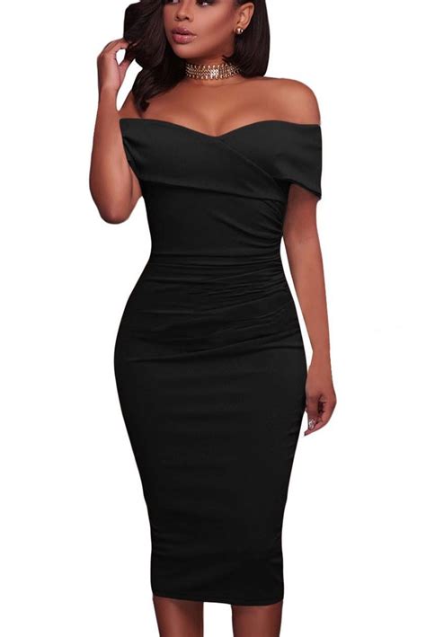 Black Ruched Off The Shoulder Bodycon Formal Midi Dress Modeshe Modes