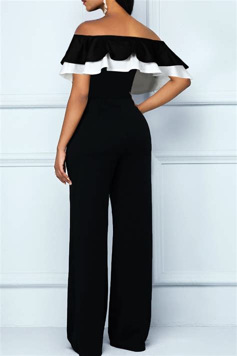 black off the shoulder ruffle overlay jumpsuit casual fall outfits jumpsuit off shoulder