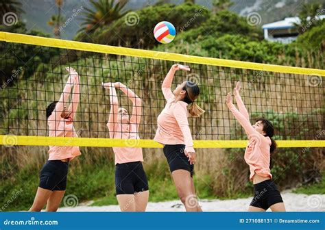 Volleyball Beach And Fitness With Sports Women Playing A Game Outdoor