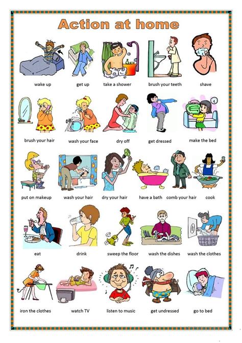 Daily Routines Action At Home Worksheet Free Esl Printable
