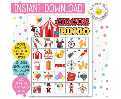 Circus Carnival Printable Bingo Cards 30 Different Cards Etsy In