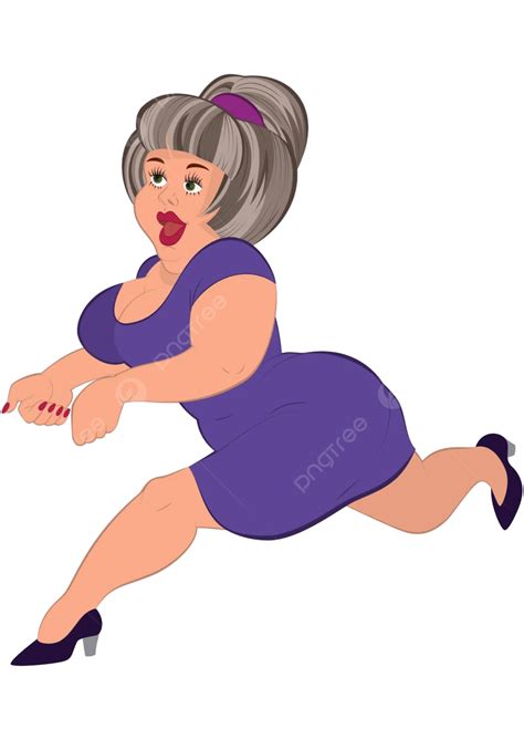 รูปการ์ตูนผู้หญิงอ้วนผมหงอกวิ่งตัวการ์ตูนที่แยกตัวออกมา เวกเตอร์ Png การ์ตูน อักขระ โดด