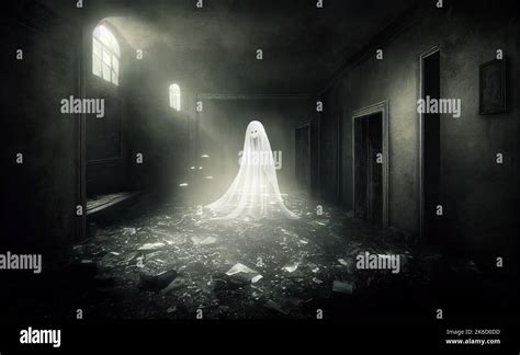 White Ghostly Woman Figure With Scary Face In Abandoned House Dark Hall Interior With Rubble On