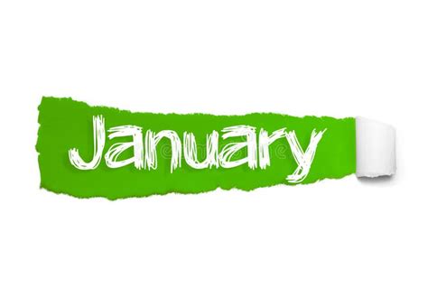 January Word Written Under The Curled Piece Of Green Torn Paper Stock