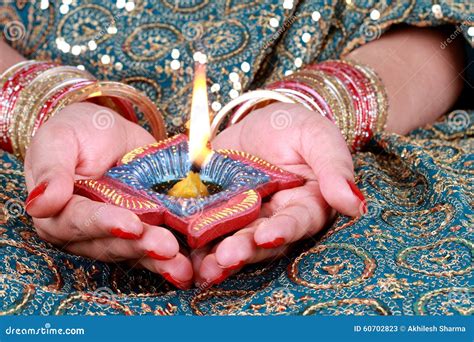 Diwali Celebration Diya Light On A Female Hand Stock Image Image Of