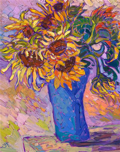 Sunflowers In Blue Vase Contemporary Impressionism Paintings By Erin