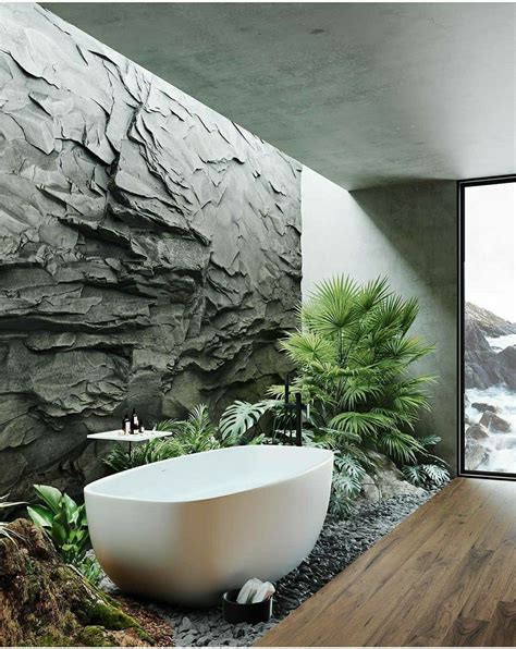 Natural Bathroom Design With Strong Contrast Of Rock And Green Flower