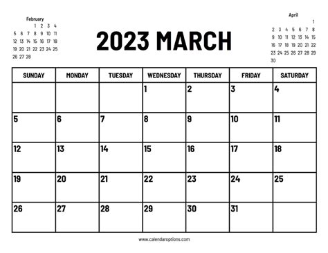 2023 March Calendar Calendar Options