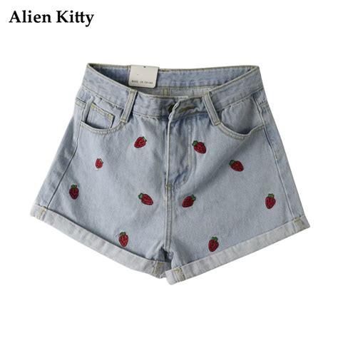 Alien Kitty High Waist Denim Shorts Women 2018 New Summer Strawberry