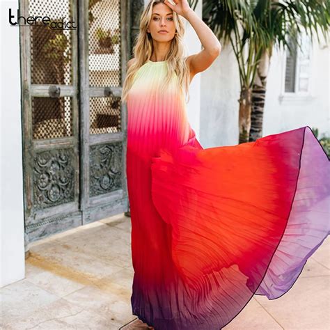 Thereadict Ombre Patchwork Casual Dress Halter Chiffon Summer Maxi Long