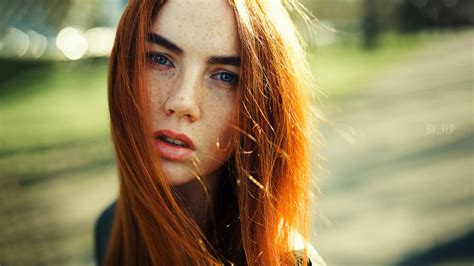 Wallpaper Redhead Portrait Bokeh Freckles Blue Eyes Women