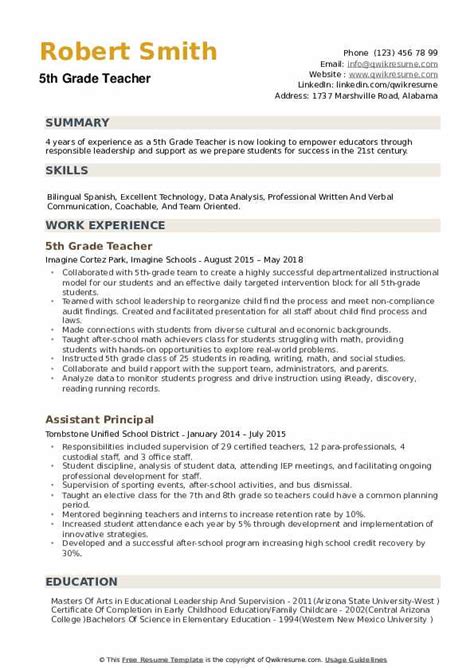 Want to land a job in education? 5th Grade Teacher Resume Samples | QwikResume