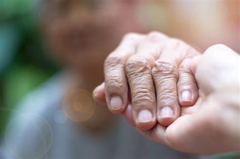 Caregiver Carer Hand Holding Elder Hand Woman In Hospice Care