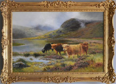 Daniel Sherrin Highland Cattle By A Loch Oil On Canvas Painting At