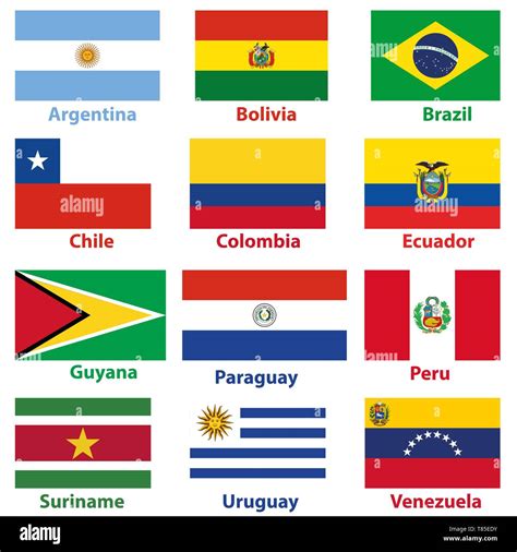Flags Of The 12 Independent Countries Of South America In Alphabetical