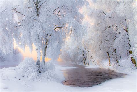 Snowy Winter Landscape From Pajakka River Kuhmo Finland Stock Photo