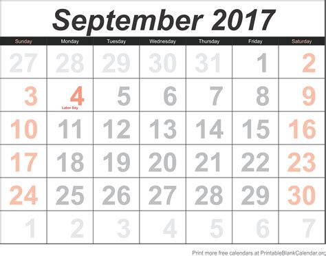 Free Calendar September 2017 Printable Blank