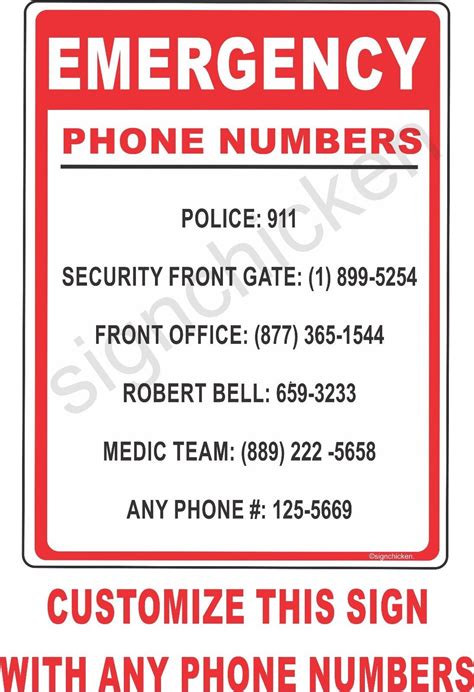 Emergency Phone Number Sign CUSTOMIZABLE Home Safety Business Sign