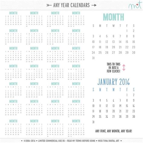 Any Year Calendar Digital Templates Perpetual Calendars
