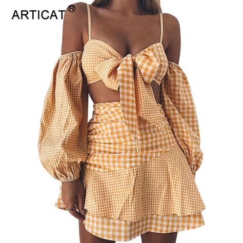 Articat Women Spaghetti Strap Sexy Plaid Summer Dress 2018 Two Piece Bow Backless Crop Beach