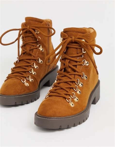 new look lace detail chunky flat hiker boots in tan asos boots chunky flats new look