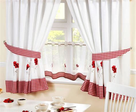 A luxurious, heavy weight textured faux suede highlights any updated decor. POPPIES RED EMBROIDERED GINGHAM KITCHEN CURTAINS & 24 ...