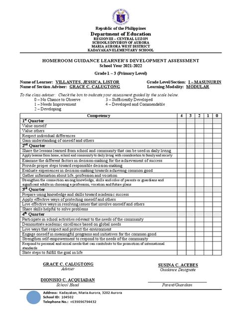 Homeroom Guidance Learners Development Assessment Pdf Learning