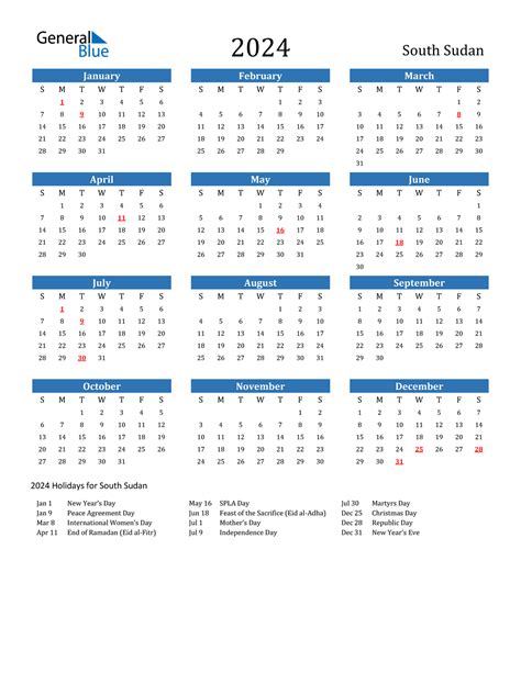 2024 South Sudan Calendar With Holidays