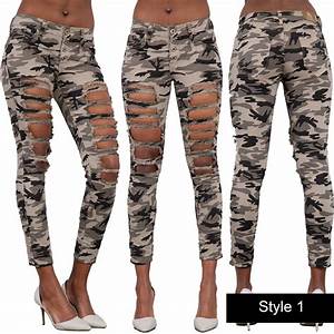 Women Camouflage Army Print Stretch Ripped Skinny Jeans Trousers