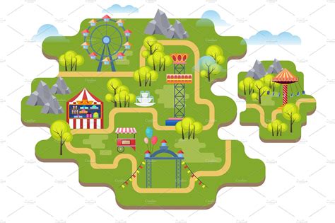 Cartoon Amusement Park Map Pre Designed Vector Graphics Creative Market
