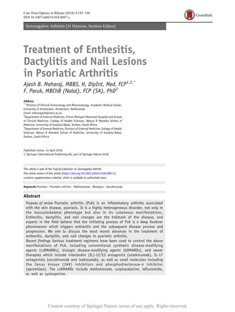 Treatment Of Enthesitis Dactylitis And Nail Lesions In Psoriatic