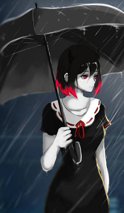 A Woman With Red Hair Holding An Umbrella In The Rain While Wearing