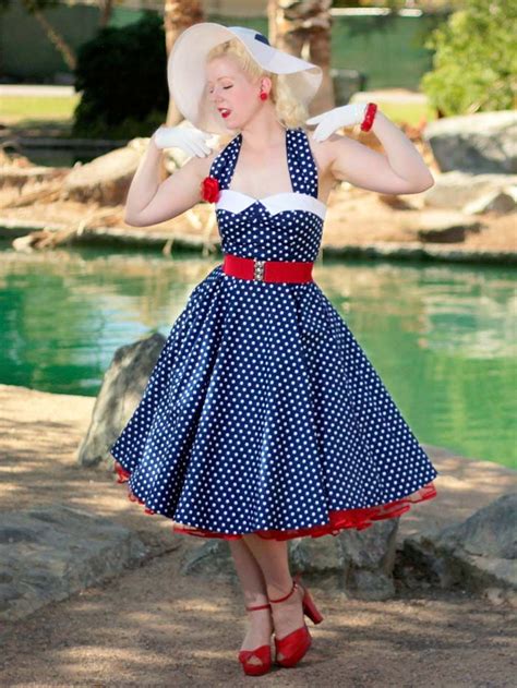 1950s Style Navy White Polka Dot Halter Dress Dresses 50s Style 1950s Fashion Dresses Vintage